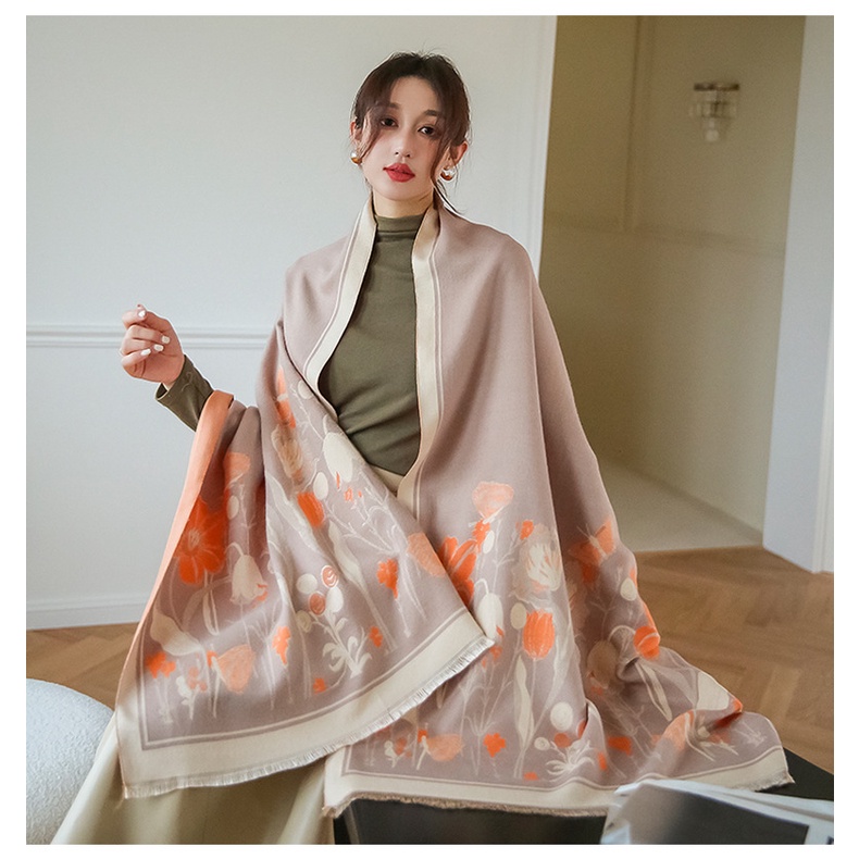 [Xiyanmeiwu] ผ้าคลุมไหล่ ผ้าพันคอ ผ้าแคชเมียร์เทียม ความยาวปานกลาง พิมพ์ลาย ประดับพู่ สไตล์เรโทร ให้ความอบอุ่น สําหรับผู้หญิง 60 * 1 - รูปที่ 4