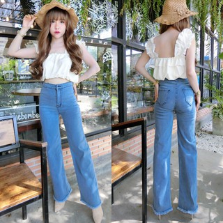 Cc jeans 020 กางเกงยีนส์ผู้หญิง เอวสูง ทรงสกินนี่ ขาบาน  สีฟ้าอ่อน กางเกงผู้หญิง