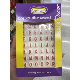 ผลิตภัณฑ์ น้ำตาล ตกแต่ง หน้าเค้ก พิมพ์ลายตัวอักษร น้ำหนัก 25 g. Sugar Decoration Printed Alphabet ( Gunthart Brand )