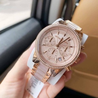 ของแท้💯🇺🇸 MICHAEL KORS หน้าปัด 37mm  Ritz Quartz Chronograph Rose Dial สี Rose Gold-tone Pink #MK6307