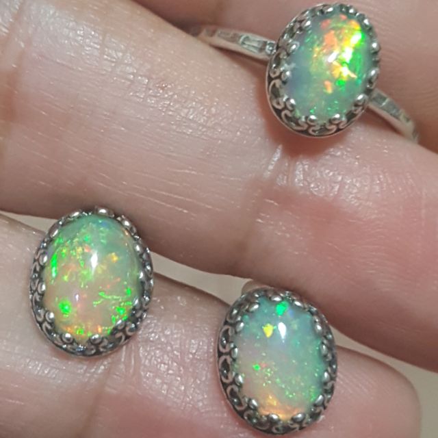 ชุดแหวนและต่างหูเงินแท้925 โอปอลแท้ งานแบรนด์มีตอก (Natural Opal set)