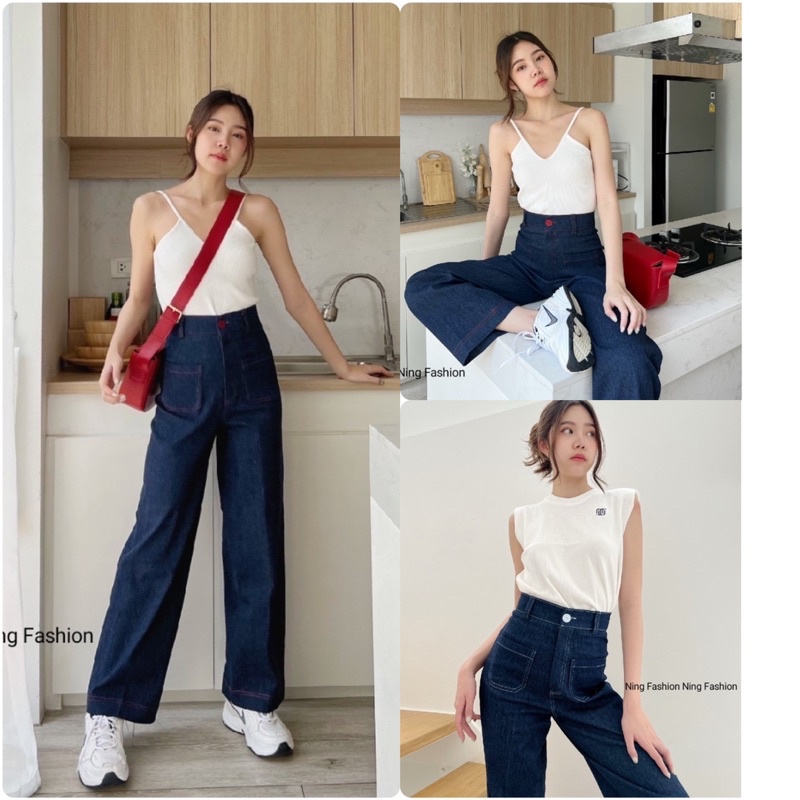 รุ่นขายดี ยีนส์ขากระบอกเอวสูง รุ่นแต่งด้ายสี กระเป๋าหน้า styleมินิมอลชิคๆ ผ้าดีทรงสวย