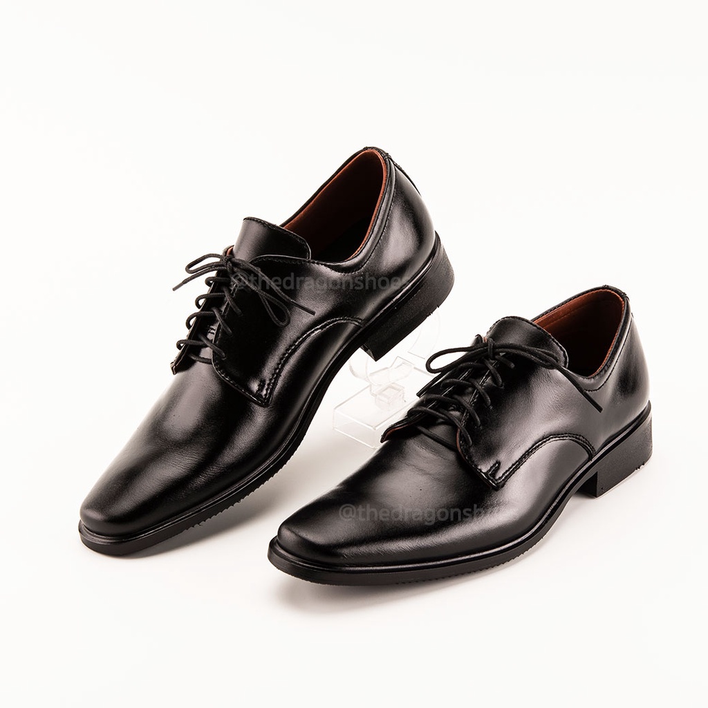 The dragon shoes รองเท้าคัทชูหนังวัวแท้100% หัวตัดผูกเชือก สีดำขัดมัน คัทชูผู้ชายหนังวัวแท้สำหรับใส่ทำงาน