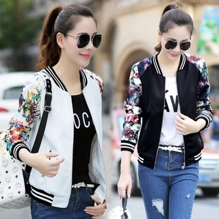 เสื้อแจ็คเก็ตแขนยาวลายดอกไม้ที่แขน มีกระเป๋าและซิปหน้า (ใส่ได้ทั้งหญิงเเละชาย) 2สี4ไซส์ M-XXL พร้อมส่ง