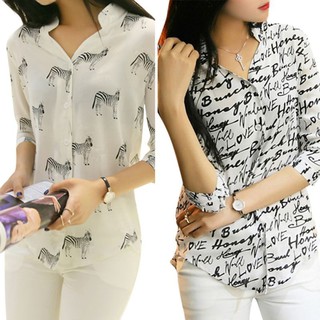 เสื้อแขนสามส่วนผ้าชีฟองลายดอกไม้สำหรับผู้หญิง