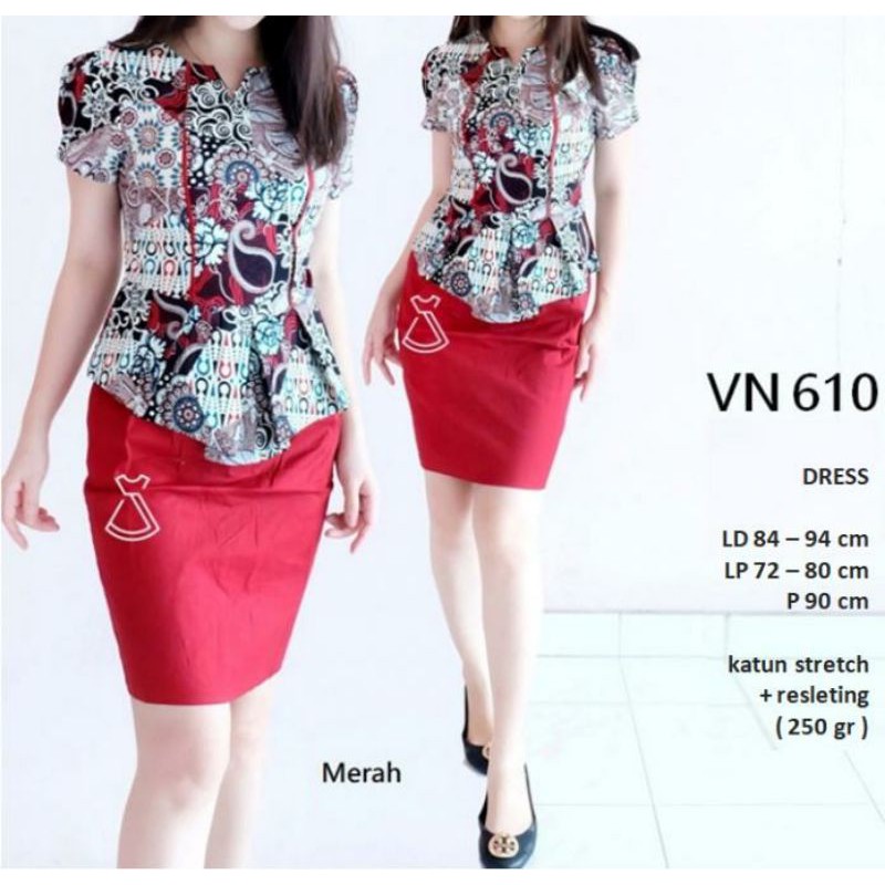 Merah Vn610 OFFICE DRESS BATIK DRESS OFFICE BATIK DRESS UNIFORM RED BATIK DRESS