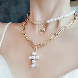 สร้อยคอแฟชั่น จี้ไม้กางเขน จี้เหรียญ ประดับมุก สไตล์หรูหรา Luxury Pearl Cross