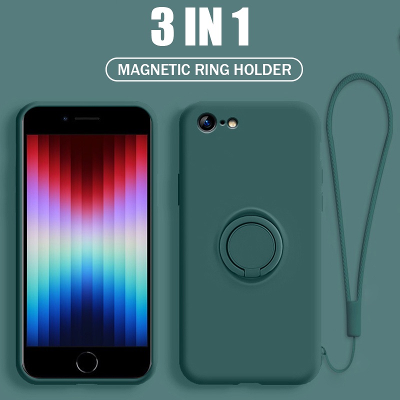 โทรศัพท์ ชนิดซิลิโคน แบบนิ่ม มีวงแหวนขาตั้ง สีพื้น พร้อมสายคล้อง สำหรับ iPhone 6 6S 7 8 Plus SE