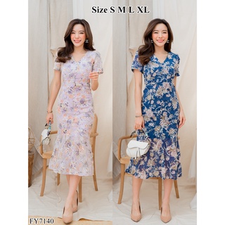 fairyangelstore - เดรสยาวคอกลมลายดอกไม้ปักด้าย (FY7140)