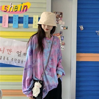 shein เสื้อครอป 19206 เสื้อแขนยาว เสื้อโอเวอร์ไซส์ เสื้อทรงหลวม ๆ สีพาสเทล คอกลม จั้มปลายแขนและปลายเสื้อ สดใส น่ารัก