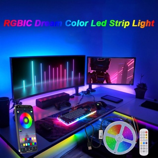 แถบไฟ RGBIC LED ซิงค์เพลง สีดรีมคัลเลอร์ พร้อมรีโมต 5050 RGB สําหรับห้องนอน บ้าน ทีวี ห้องเล่นเกม ปาร์ตี้