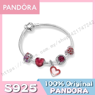 Pandora ชุดสร้อยข้อมือเงินแท้ 925 จี้รูปหัวใจ สีแดง พร้อมจี้ลูกปัด 5 ชิ้น และกล่องฟรี DIY