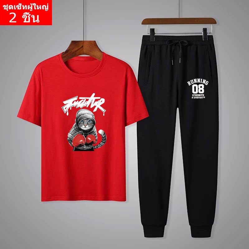 **BK411+KU355**ชุดเซ็ทแฟชั่นเกาหลี ชุด2ชิ้น เสื้อยืดแขนสั้น+กางเกงขาจั๊มทรงออกกำลังกาย ใส่ได้ทั้งหญิ