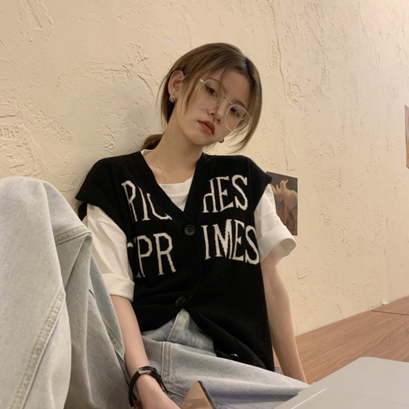 เสื้อกั๊ก ผ้าถัก ทรงหลวม พิมพ์ลายตัวอักษร สําหรับผู้หญิง