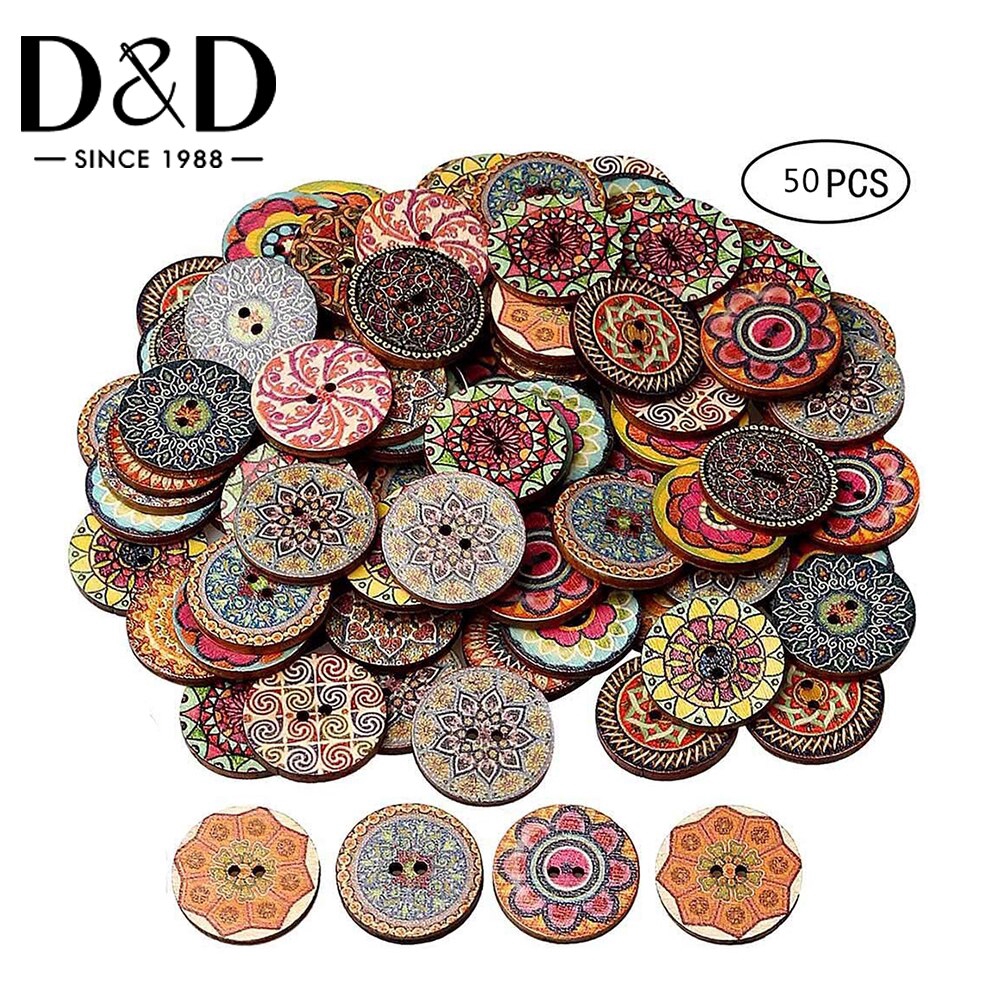 50 Retro Series กระดุมไม้แฮนด์เมดสําหรับเย็บปักเสื้อผ้าเด็ก