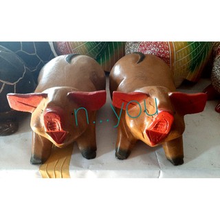 หมูคู่ ปากแดง  งานไม้สัก ขายยกคู่