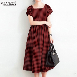 Zanzea ชุดเดรสมิดิ แขนสั้น ลายสก็อต แฟชั่นสตรี