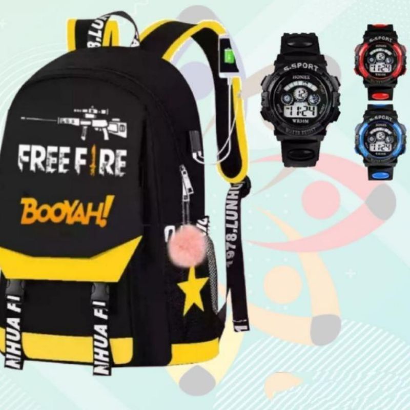 Free fire กระเป๋าเป้สะพายหลัง - กระเป๋านักเรียนประถม โบนัส G-Shock Watch สําหรับเด็กอนุบาล