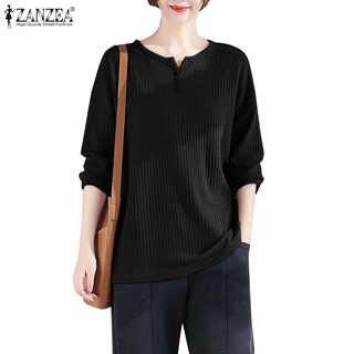 Zanzea เสื้อเบลาส์ คอวี แขนยาว ทรงหลวม กระดุมหน้า สีพื้น สําหรับผู้หญิง