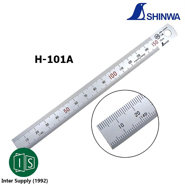 (ส่งฟรี) SHINWA ไม้บรรทัดสแตนเลส H-101A หน่วยมิล ฟุตเหล็ก  150MM. ชินวา H101A 6"