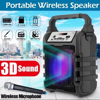 ♢[Ready stock/cod]♢ แบบพกพา 3 มิติไร้สาย Bluetooth 4.2 ลำโพงกลางแจ้งที่มีไมค์ LED Light Subwoofer Karaoke Machine