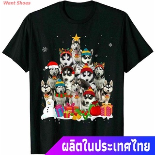 เสื้อยืดพิมพ์ลายเสื้อยืดWant Shoes เสื้อยืดแขนสั้น Funny Siberian Husky Christmas Tree Pet Dog Lover Gift T-Shirt Black