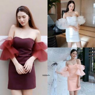Dress เดรสเกาะอกแขนมุ้งระบาย ตัวเดรสผ้าซา