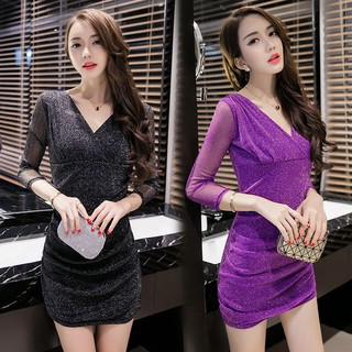 กระโปรงเอวสูงกระโปรงจีบ☒◕☫Spring 2021 Summer new Women s sexy v-neck long-sleeve dress, nightclub, thin bag hip skirt,