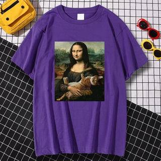 ใหม่ เสื้อยืดลําลอง ผ้าฝ้าย 100% แขนสั้น คอกลม พิมพ์ลาย Mona Lisa Hold Cat สไตล์วินเทจ แฟชั่นสําหรับผู้ชาย และผู้หญิง คู