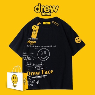 Drew Smiling Face เสื้อยืดลําลองสําหรับผู้ชายแขนสั้นคอกลมพิมพ์ลายตัวอักษร Ins Red Same สไตล์ฮิปฮอปยืด.สบาย.รัก