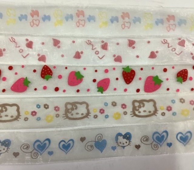 ริบบิ้นผ้าแก้ว1นิ้ว(ลายน่ะรัก)เมตรละ15฿ แบ่งขายเป็นเมตรคน