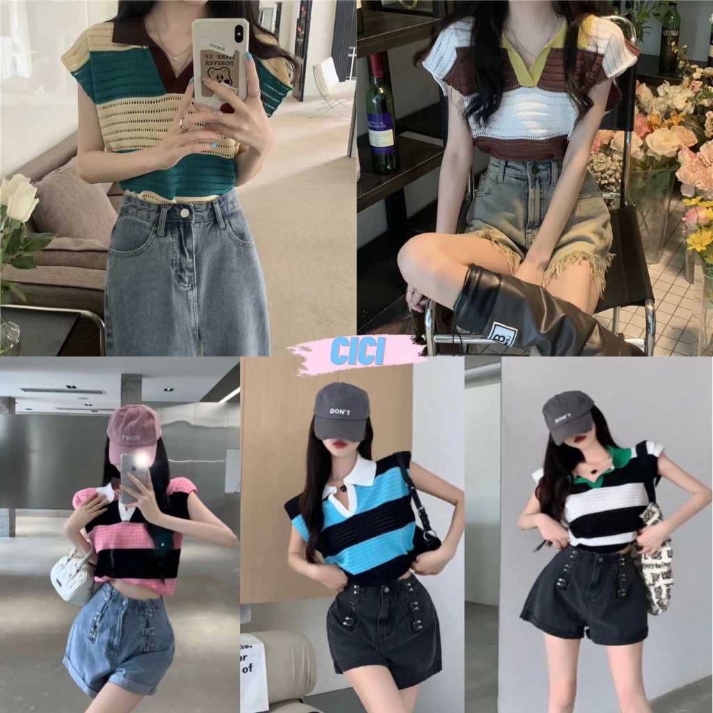 ส่งทันที Cici(NO. 98089)เสื้อไหมพรมแขนกุด คอปกเพอ่มเว้าคอลึกลายทางใหญ่ สีสันน่ารักสไตล์มินิมอลลล