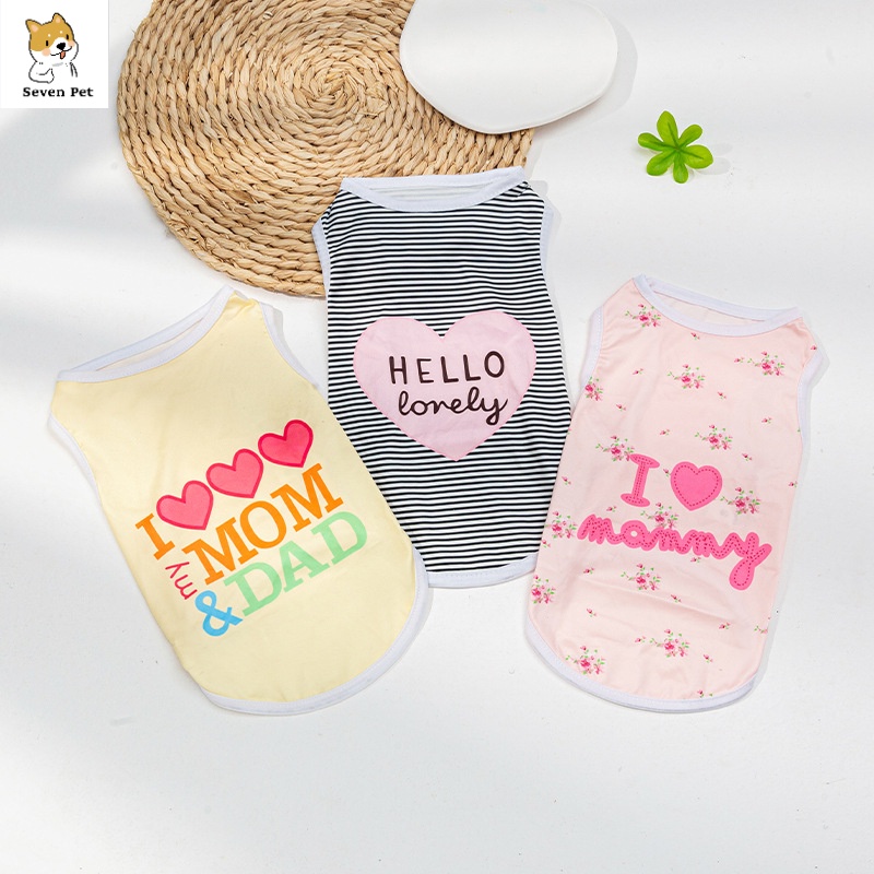 เสื้อผ้าสุนัขสําหรับ Shih Tzu Puppy Vest เสื้อผ้าสัตว์เลี้ยงระบายอากาศหัวใจพิมพ์เสื้อยืดแมว