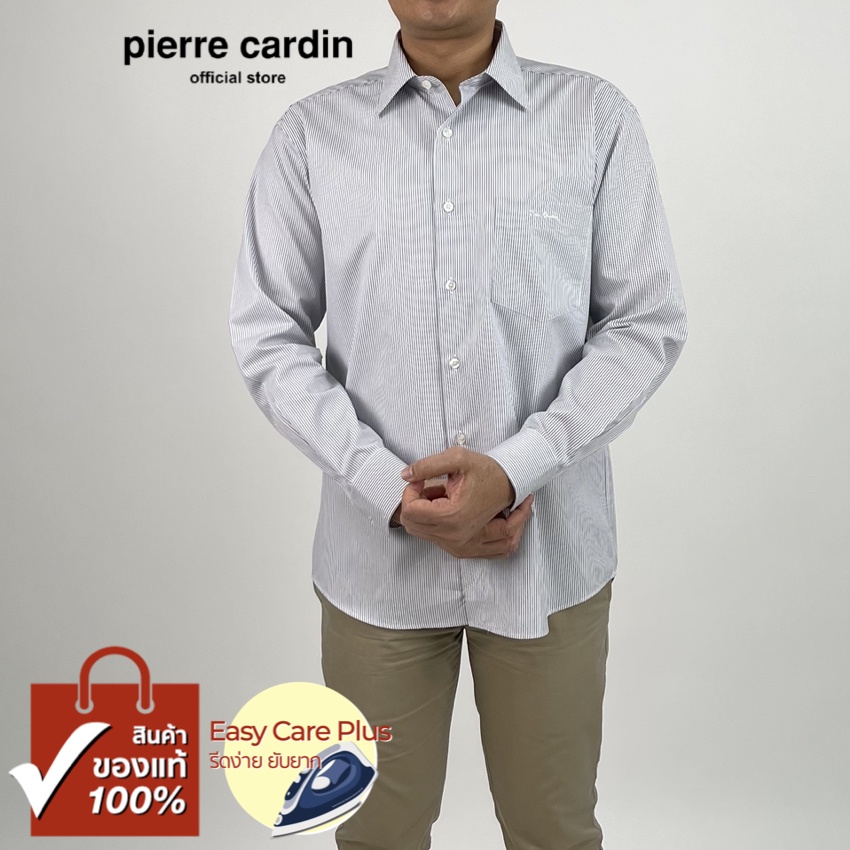 Pierre Cardin เสื้อเชิ้ตแขนยาว Easy Care Plus รีดง่ายยับยาก Basic Fit รุ่นมีกระเป๋า ผ้า Cotton 100% [RHT4889-GY]
