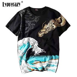 Lyprerazy เสื้อยืด ปักลายมังกร สีทอง สไตล์จีน ฮาราจูกุ วินเทจ