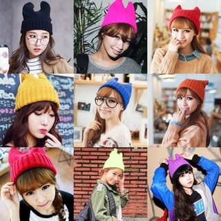 หมวกไหมพรม_มีหู สีล้วน หมวกหน้าหนาว cap_hat ราคาถูก พร้อมส่ง