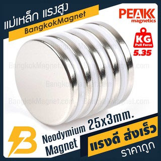 🧲 แม่เหล็กแรงดึงดูดสูง 25x3 มม. กลมแบน แรงดูด 5.35kg [1ชิ้น] PEAK magnetics แม่เหล็กถาวรราคา BK1410