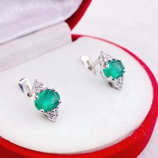 N6424 ต่างหูพลอยโมราแท้ ( Chrysoprase ) แบบอิงลิชล็อค ตัวเรือนเงินแท้ 925 ชุบทองคำขาว