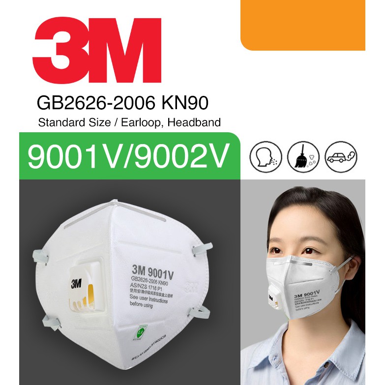 3M หน้ากากอนามัย รุ่น 9001V 9002V KN90 เทคโนโลยีใหม่ ครอบหัว ครอบหู ป้องกันไวรัส ฝุ่น 2.5 หน้ากาก