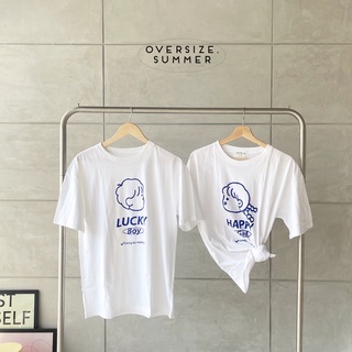 เสื้อยืดผ้าฝ้ายพิมพ์ลายขายดี[oversize summer] เสื้อยืดโอเวอร์ไซส์ Oversize - Lucky boy and girl(พร้อมส่ง) /OV-T-0020