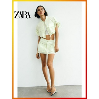 Zara ใหม่ เสื้อโปโล แขนยาว ผ้าฝ้าย พิมพ์ลาย Poplin สําหรับผู้หญิง 3404781 400