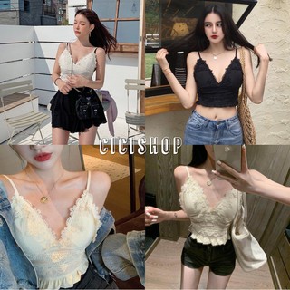 Cicishop(พร้อมส่ง)(757)สายเดี่ยวลูกไม้คอวีงานลูกไม้ผ้านิ่มแต่งขอบหย่น ได้ลุคคุณหนูหวานๆ