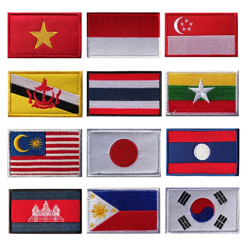 8*5 ซม.เอเชียธงกระเป๋าเป้สะพายหลังป้ายเย็บปักถักร้อย Patch HOOK & LOOP Countries เช่นมาเลเซียฟิลิปปินส์ประเทศไทยสิงคโปร์เวียดนามเกาหลีญี่ปุ่นทอ Lable