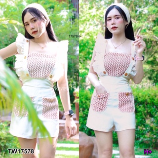 PP17578 Jumpsuit จั้มสูทขาสั้นสายระบายลูกไม้