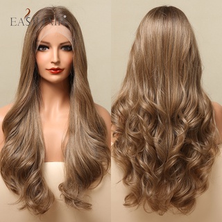 Easihair วิกผมสังเคราะห์ ลูกไม้ด้านหน้า สีน้ําตาล ทรงหลวม ยาว ผสมกาว สําหรับผู้หญิง สีดํา