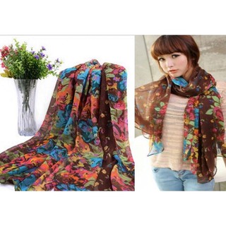 P78 ผ้าคลุมไหล่ ลายกราฟฟิก สีน้ำตาล ดอกไม้ scarf chiffon