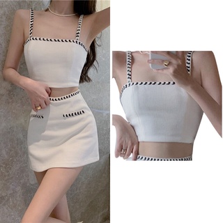 Womens Casual Skirts Outfits Sleeveless Bordered Sling Short Tank Tops High Waist Elastic Short Skirts