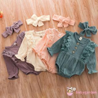 ชุด romper jumpsuit เด็กแขนยาวผ้าฝ้าย + ที่คาดผม 2 ชิ้น