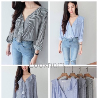 เสื้อคอวีแต่งระบายปกแขนยาว