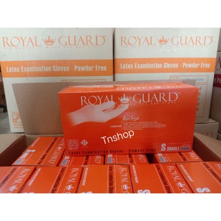 ถุงมือยางการแพทย์ รุ่นไร้แป้ง หนา ไม่ขาดง่าย ไซส์S กล่องละ100ชื้น ยี่ห้อRoyal Guard